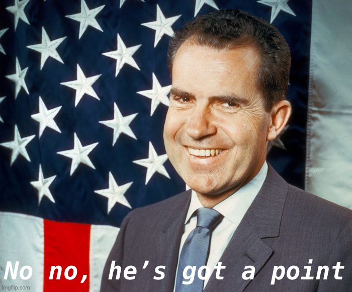 Richard Nixon patriotic | No no, he’s got a point | image tagged in richard nixon patriotic | made w/ Imgflip meme maker