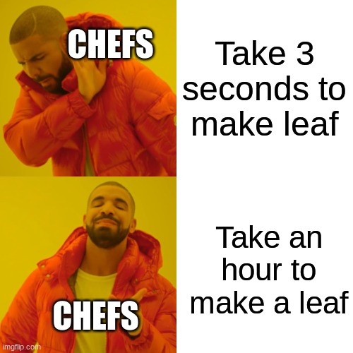 Drake Hotline Bling Meme | Take 3 seconds to make leaf Take an hour to make a leaf CHEFS CHEFS | image tagged in memes,drake hotline bling | made w/ Imgflip meme maker