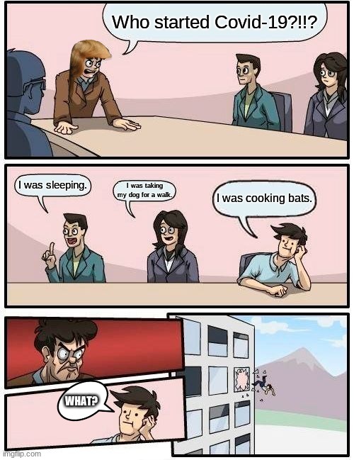Boardroom Meeting Suggestion Meme | Who started Covid-19?!!? I was sleeping. I was taking my dog for a walk. I was cooking bats. WHAT? | image tagged in memes,boardroom meeting suggestion | made w/ Imgflip meme maker