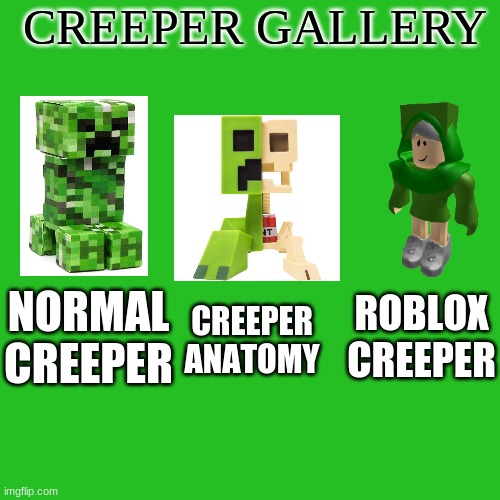 Creeper Gallery | CREEPER GALLERY; NORMAL CREEPER; ROBLOX CREEPER; CREEPER ANATOMY | image tagged in memes,blank transparent square,gallery,creeper,minecraft creeper,please upvote | made w/ Imgflip meme maker