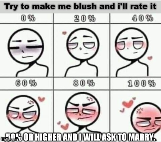 make me blush in comments | 50% OR HIGHER AND I WILL ASK TO MARRY. | image tagged in blush | made w/ Imgflip meme maker