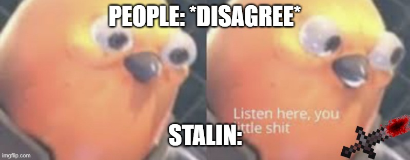 Listen here you little shit bird | PEOPLE: *DISAGREE* STALIN: | image tagged in listen here you little shit bird | made w/ Imgflip meme maker