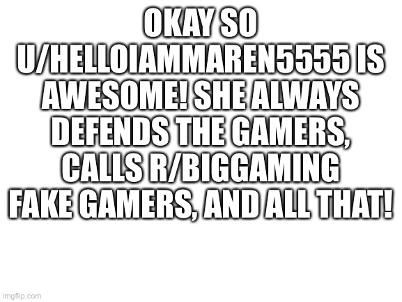 Blank White Template | OKAY SO U/HELLOIAMMAREN5555 IS AWESOME! SHE ALWAYS DEFENDS THE GAMERS, CALLS R/BIGGAMING FAKE GAMERS, AND ALL THAT! | image tagged in blank white template | made w/ Imgflip meme maker