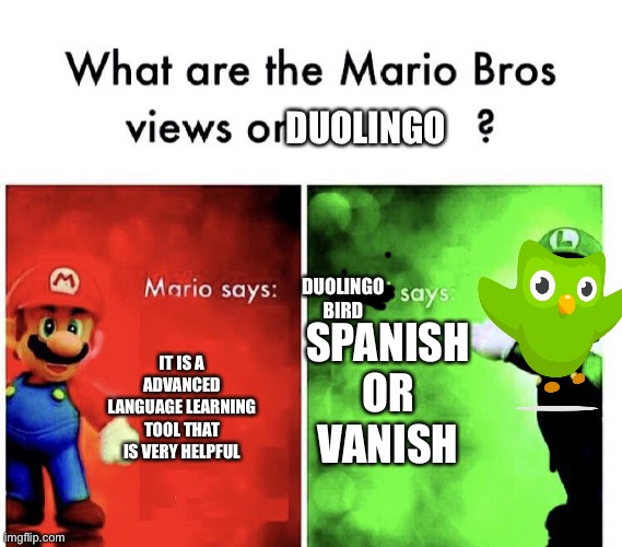 Spanish or vanish |  DUOLINGO; DUOLINGO BIRD; SPANISH OR VANISH; IT IS A ADVANCED LANGUAGE LEARNING TOOL THAT IS VERY HELPFUL | image tagged in what are the mario bros views on,duolingo,spanish or vanish | made w/ Imgflip meme maker