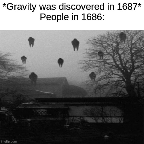 yesn't |  *Gravity was discovered in 1687*
People in 1686: | image tagged in gravity,memes | made w/ Imgflip meme maker