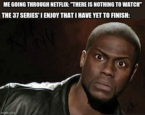 Kevin Hart | ME GOING THROUGH NETFLIX: "THERE IS NOTHING TO WATCH"; THE 37 SERIES' I ENJOY THAT I HAVE YET TO FINISH: | image tagged in memes,kevin hart | made w/ Imgflip meme maker