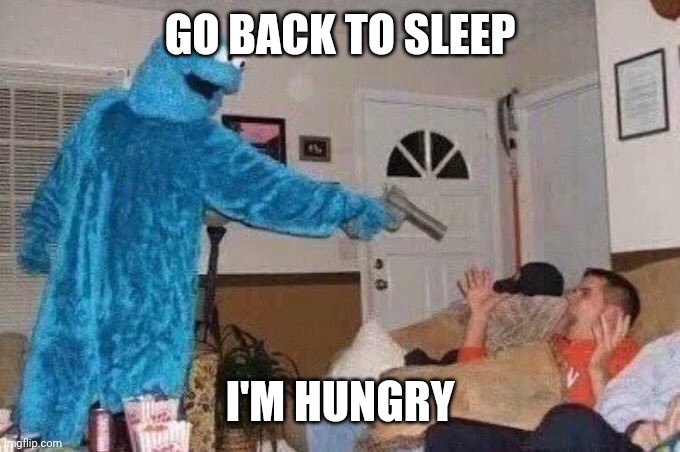 Cursed Cookie Monster | GO BACK TO SLEEP I'M HUNGRY | image tagged in cursed cookie monster | made w/ Imgflip meme maker