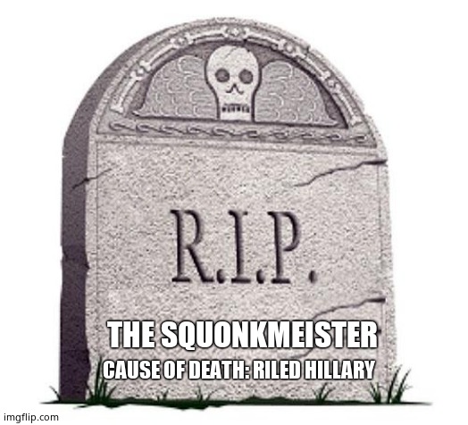 RIP | CAUSE OF DEATH: RILED HILLARY THE SQUONKMEISTER | image tagged in rip | made w/ Imgflip meme maker