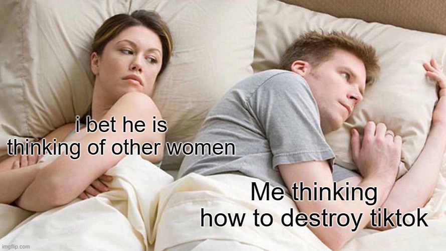 I Bet He's Thinking About Other Women Meme | i bet he is thinking of other women; Me thinking how to destroy tiktok | image tagged in memes,i bet he's thinking about other women | made w/ Imgflip meme maker