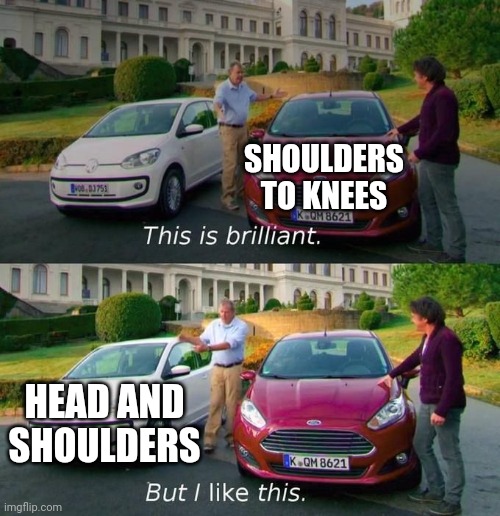 This Is Brilliant But I Like This | SHOULDERS TO KNEES HEAD AND SHOULDERS | image tagged in this is brilliant but i like this | made w/ Imgflip meme maker