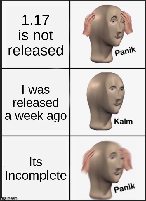 Panik Kalm Panik Meme | 1.17 is not released; I was released a week ago; Its Incomplete | image tagged in memes,panik kalm panik | made w/ Imgflip meme maker