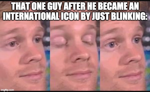 Blinking guy | THAT ONE GUY AFTER HE BECAME AN INTERNATIONAL ICON BY JUST BLINKING: | image tagged in blinking guy | made w/ Imgflip meme maker