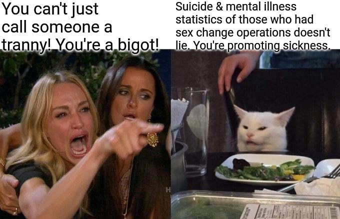 LGBTQ is clueless. Keep pushing that "tolerance" bs | You can't just call someone a tranny! You're a bigot! Suicide & mental illness statistics of those who had sex change operations doesn't lie. You're promoting sickness. | image tagged in memes,woman yelling at cat | made w/ Imgflip meme maker