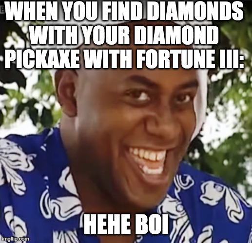 hehe yea bwoi | WHEN YOU FIND DIAMONDS WITH YOUR DIAMOND PICKAXE WITH FORTUNE III:; HEHE BOI | image tagged in hehe boi | made w/ Imgflip meme maker