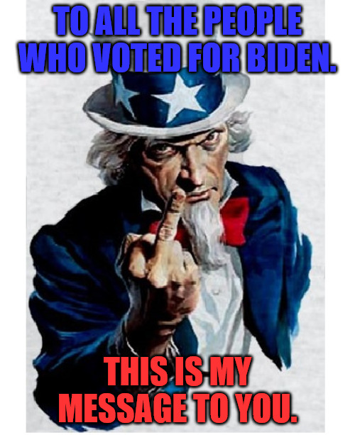 F**k Biden Voters | TO ALL THE PEOPLE WHO VOTED FOR BIDEN. THIS IS MY MESSAGE TO YOU. | image tagged in uncle sam middle finger | made w/ Imgflip meme maker