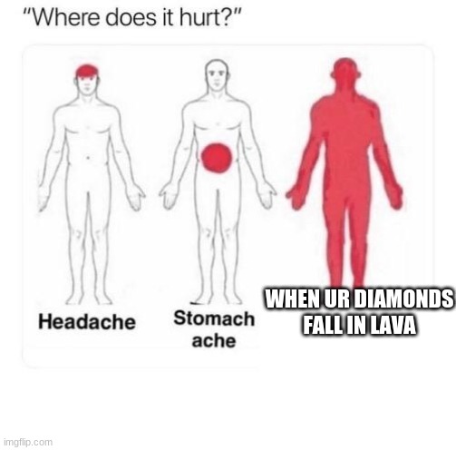 lava | WHEN UR DIAMONDS FALL IN LAVA | image tagged in where does it hurt | made w/ Imgflip meme maker