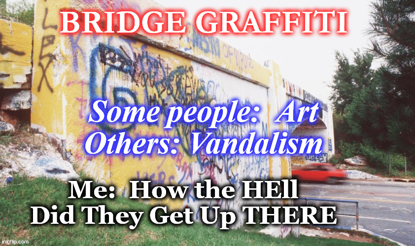 grafititi | BRIDGE GRAFFITI; Some people:  Art
Others: Vandalism; Me:  How the HEll Did They Get Up THERE | image tagged in grafititi | made w/ Imgflip meme maker