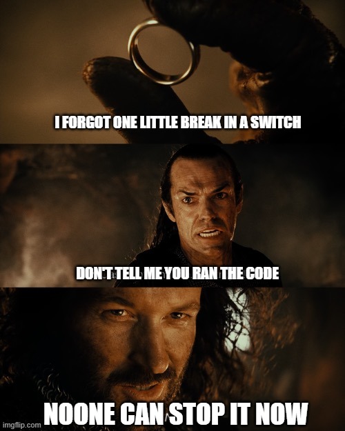 There is no `return` | I FORGOT ONE LITTLE BREAK IN A SWITCH; DON'T TELL ME YOU RAN THE CODE; NOONE CAN STOP IT NOW | image tagged in cast it into the fire,programming | made w/ Imgflip meme maker