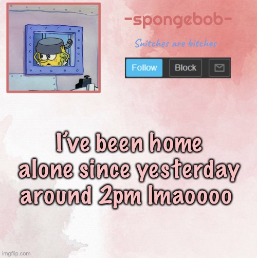 I have been living off cup noodles cause I suck at cooking ;-; | I’ve been home alone since yesterday around 2pm lmaoooo | image tagged in sponge temp | made w/ Imgflip meme maker