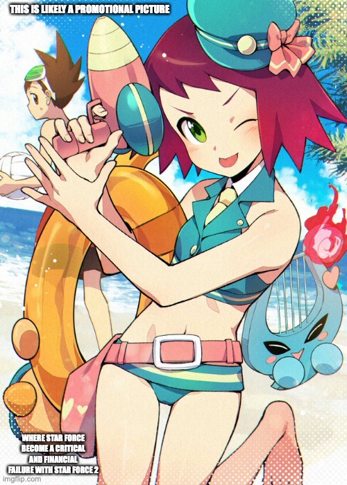 Geo and Sonia at the Beach | THIS IS LIKELY A PROMOTIONAL PICTURE; WHERE STAR FORCE BECOME A CRITICAL AND FINANCIAL FAILURE WITH STAR FORCE 2 | image tagged in megaman,megaman star force,geo stelar,sonia strumm,memes | made w/ Imgflip meme maker