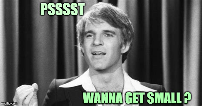 ▬▬ comment specific to meme asking if midgets get medium (instead of high) — Wanna get small? | PSSSST WANNA GET SMALL ? | image tagged in steve martin,comment | made w/ Imgflip meme maker