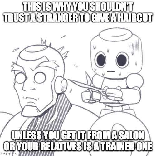 Servbot Giving a Haircut | THIS IS WHY YOU SHOULDN'T TRUST A STRANGER TO GIVE A HAIRCUT; UNLESS YOU GET IT FROM A SALON OR YOUR RELATIVES IS A TRAINED ONE | image tagged in megaman legends,teisel bonne,servbot,memes | made w/ Imgflip meme maker