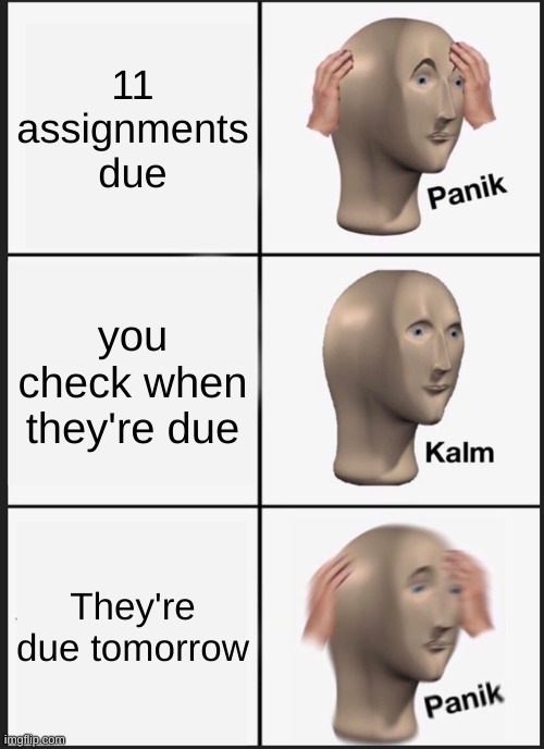 school assignments | 11 assignments due; you check when they're due; They're due tomorrow | image tagged in memes,panik kalm panik | made w/ Imgflip meme maker