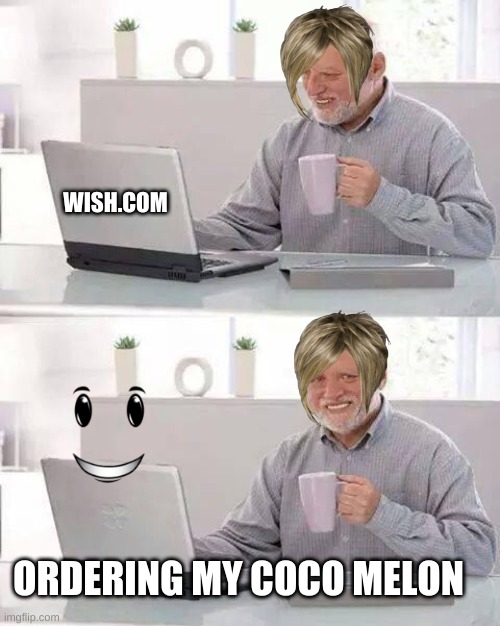 Hide the Pain Harold Meme | WISH.COM; ORDERING MY COCO MELON | image tagged in memes,hide the pain harold,cocomelon,karen,wish,person | made w/ Imgflip meme maker