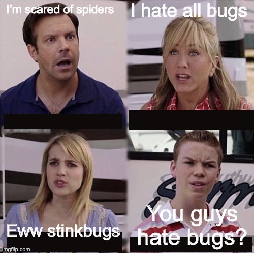 Am I the only girl in the world who isn’t scared of bugs? | I hate all bugs; I’m scared of spiders; You guys hate bugs? Eww stinkbugs | image tagged in you guys are getting paid template,bugs | made w/ Imgflip meme maker