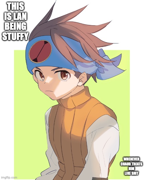 Stuffy Lan | THIS IS LAN BEING STUFFY; WHENEVER CHAUD TREATS HIM LIKE SHIT | image tagged in lan hikari,megaman,megaman battle network,memes | made w/ Imgflip meme maker