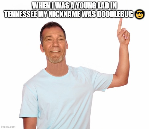 point up | WHEN I WAS A YOUNG LAD IN TENNESSEE MY NICKNAME WAS DOODLEBUG ? | image tagged in point up | made w/ Imgflip meme maker
