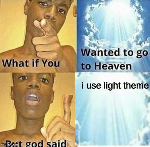 the joke is that the heavenly light is actually a computer screen. |  i use light theme | image tagged in what if you wanted to go to heaven | made w/ Imgflip meme maker