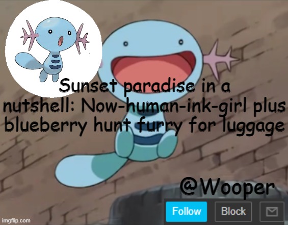 Best summary ever | Sunset paradise in a nutshell: Now-human-ink-girl plus blueberry hunt furry for luggage | image tagged in e | made w/ Imgflip meme maker