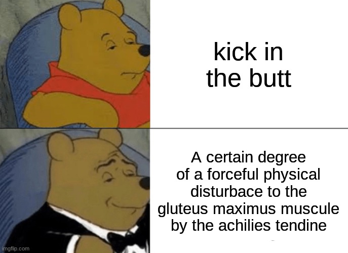 Tuxedo Winnie The Pooh | kick in the butt; A certain degree of a forceful physical disturbace to the gluteus maximus muscule by the achilies tendine | image tagged in memes,tuxedo winnie the pooh | made w/ Imgflip meme maker