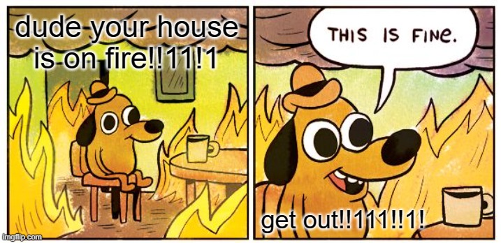 This Is Fine Meme | dude your house is on fire!!11!1 get out!!111!!1! | image tagged in memes,this is fine | made w/ Imgflip meme maker