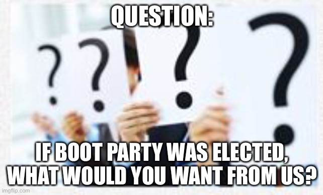 FAQ | QUESTION:; IF BOOT PARTY WAS ELECTED, WHAT WOULD YOU WANT FROM US? | image tagged in faq | made w/ Imgflip meme maker