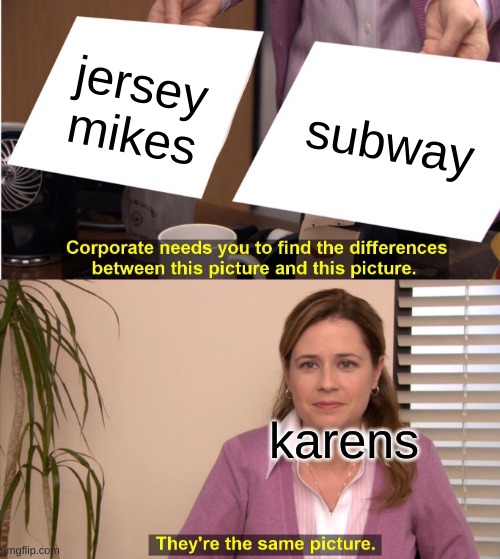 karens | jersey mikes; subway; karens | image tagged in memes,they're the same picture,karens,subway,jersey mikes | made w/ Imgflip meme maker