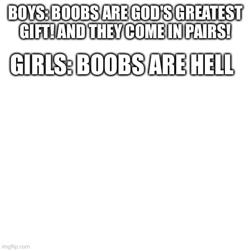 Blank Transparent Square | BOYS: BOOBS ARE GOD'S GREATEST GIFT! AND THEY COME IN PAIRS! GIRLS: BOOBS ARE HELL | image tagged in memes,blank transparent square | made w/ Imgflip meme maker