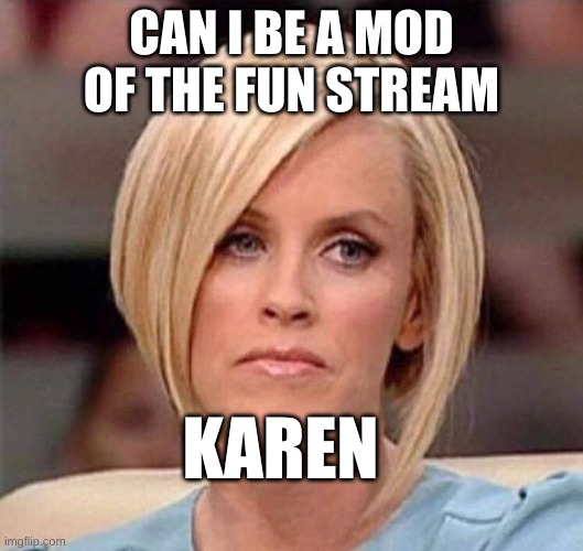 can i be a fun mod, no! | CAN I BE A MOD OF THE FUN STREAM; KAREN | image tagged in karen the manager will see you now,no,karen,dumb | made w/ Imgflip meme maker