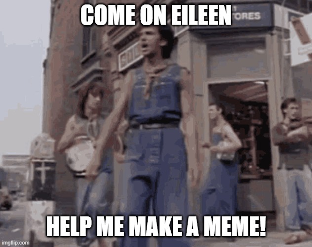 Come on Eileen, help me make a MEME | COME ON EILEEN; HELP ME MAKE A MEME! | image tagged in meme help,eileen,come on eileen,funny memes | made w/ Imgflip meme maker