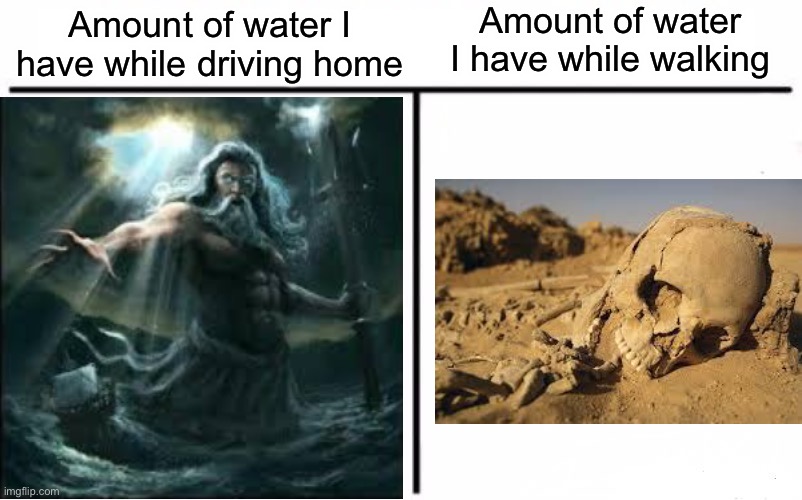*title* | Amount of water I have while driving home; Amount of water I have while walking | image tagged in memes,water,dessert,greek mythology,skeletons,relatable | made w/ Imgflip meme maker