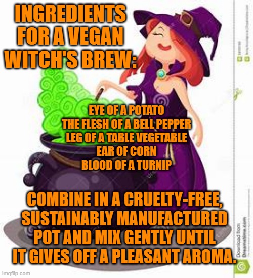 Fun With Organic Chemistry | INGREDIENTS FOR A VEGAN WITCH'S BREW:; EYE OF A POTATO
THE FLESH OF A BELL PEPPER
LEG OF A TABLE VEGETABLE
EAR OF CORN
BLOOD OF A TURNIP; COMBINE IN A CRUELTY-FREE, SUSTAINABLY MANUFACTURED POT AND MIX GENTLY UNTIL IT GIVES OFF A PLEASANT AROMA. | image tagged in humor | made w/ Imgflip meme maker