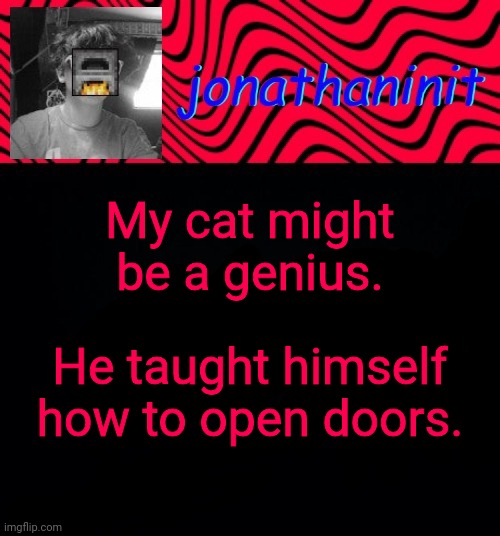 just jonathaninit | My cat might be a genius. He taught himself how to open doors. | image tagged in just jonathaninit | made w/ Imgflip meme maker