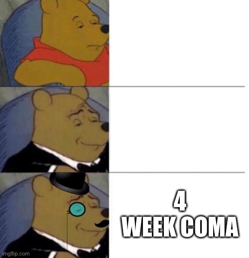 Tuxedo Winnie the Pooh (3 panel) | 4 WEEK COMA | image tagged in tuxedo winnie the pooh 3 panel | made w/ Imgflip meme maker