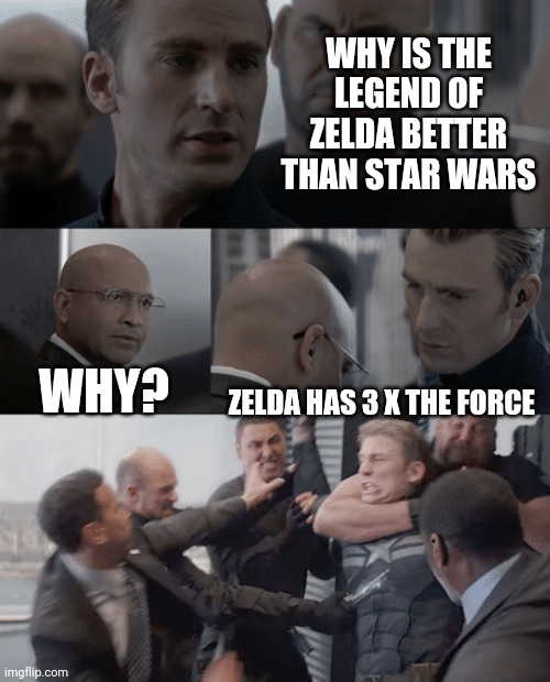 Captain america elevator | WHY IS THE LEGEND OF ZELDA BETTER THAN STAR WARS; WHY? ZELDA HAS 3 X THE FORCE | image tagged in captain america elevator | made w/ Imgflip meme maker