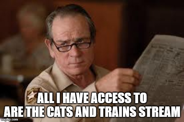 no country for old men tommy lee jones | ALL I HAVE ACCESS TO ARE THE CATS AND TRAINS STREAM | image tagged in no country for old men tommy lee jones | made w/ Imgflip meme maker