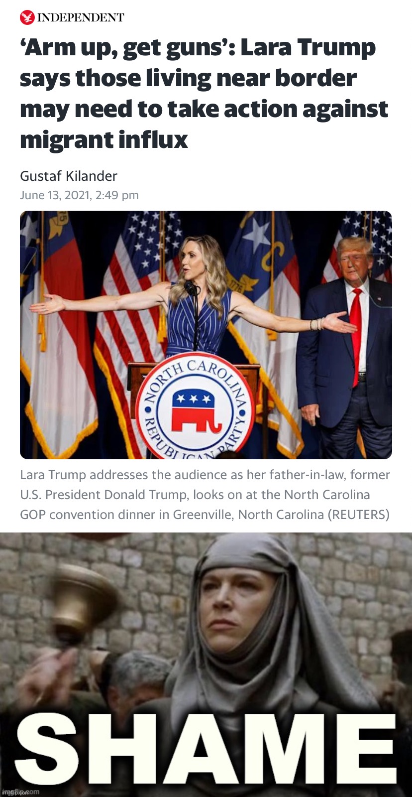 Hard to believe this is where the Republican Party’s head is at in 2021. But it is | image tagged in lara trump kill immigrants,shame bell - game of thrones | made w/ Imgflip meme maker