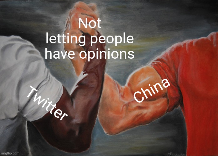 People should be able to have their own opinions, as long as they have a rational reason to do so | Not letting people have opinions; China; Twitter | image tagged in memes,epic handshake | made w/ Imgflip meme maker
