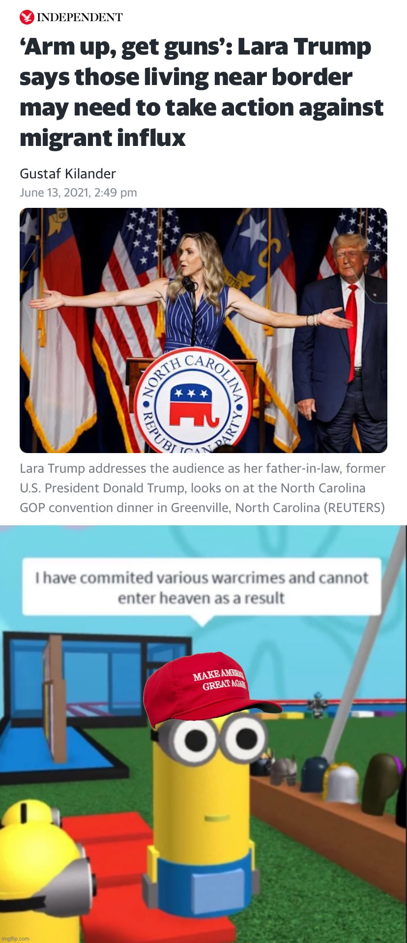 Lara Trump just casually puts out a hit on any brown person in a border state | image tagged in lara trump kill immigrants,ive committed various war crimes,genocide,war criminal,trump,murder | made w/ Imgflip meme maker
