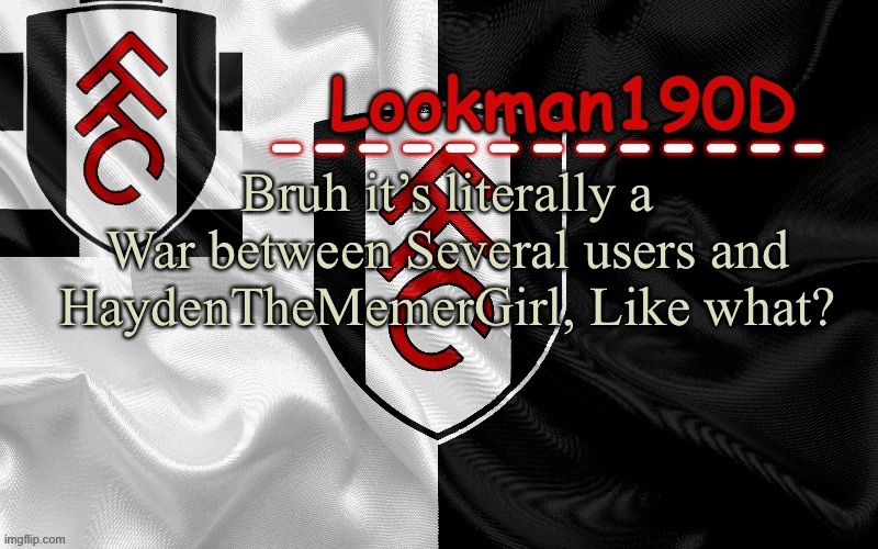 Lookman190D template made by UnoReverse_Official | Bruh it’s literally a War between Several users and HaydenTheMemerGirl, Like what? | image tagged in lookman190d template made by unoreverse_official | made w/ Imgflip meme maker